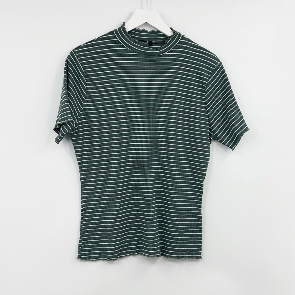 Boohoo Plus Green Mock Neck Striped Short Sleeve Shirt Size 14